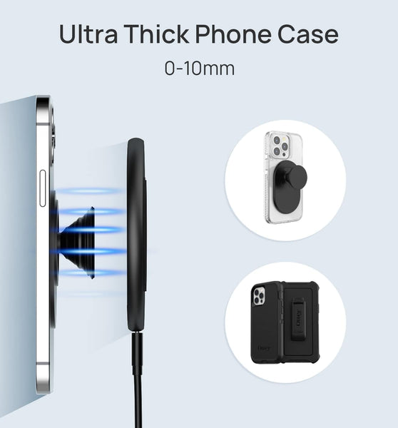 Wireless Charger for Thick Cases of 10MM/Popsocket/OtterBox, Phone Charger Pad, 15W Max Wireless Charging Pad for iPhone 16 Pro Max/15/14/13/12/11/Samsung Galaxy S24/S23/AirPods(with Adapter)
