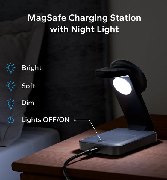3 in 1 Foldable Wireless Charging Station for MagSafe, Travel Magnetic Charger Stand for iPhone 16 15 14 13 Pro Max, Nightstand Charging Dock with Night Light for Apple Watch/AirPods (Gray)
