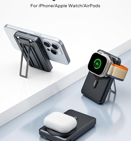 for Magsafe Portable Charger 10000mAh, Wireless Magnetic Power Bank for Apple Watch, 5 in 1 Fast Charging External Battery Pack with Cable and Stand for iPhone 16 Pro Max/15/14/13 Mini(Black)