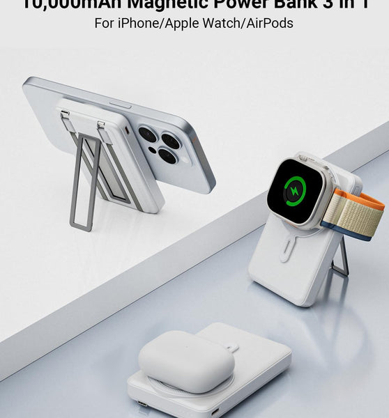 for Magsafe Battery Pack 10000mAh, Magnetic Wireless Portable Charger for Apple Watch, 5 in 1 Fast Charging Power Bank with Stand and Cables for iPhone 16 Pro Max/15/14/13/12 Mini(White)