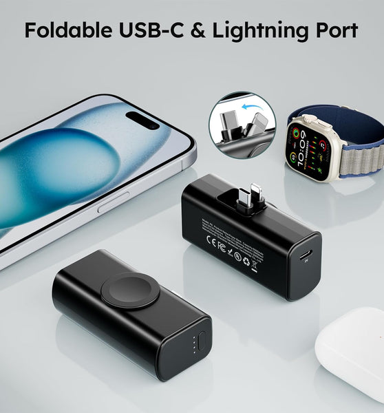 Mini Portable Charger 5000mAh, Magnetic Small Power Bank for Apple Watch, Fast Charging Battery Pack with Built in Foldable USB Connectors for iPhone 16 Pro Max/1514/13 Mini/AirPods(Black)