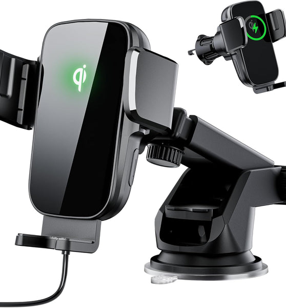 Car Phone Holder Charger, Qi 15W Fast Charging Wireless Car Charger Mount, Auto Clamping Dashboard Air Vent Windshield Accessories for iPhone 16 Pro Max/15/14/13, Samsung Galaxy S24 Ultra/S23