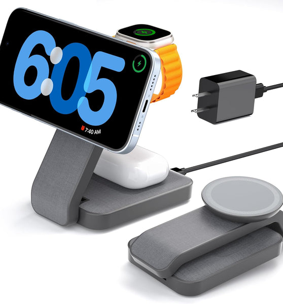 3 in 1 Foldable Wireless Charging Station for MagSafe, Travel Magnetic Charger Stand for iPhone 16 15 14 13 Pro Max, Nightstand Charging Dock with Night Light for Apple Watch/AirPods (Gray)