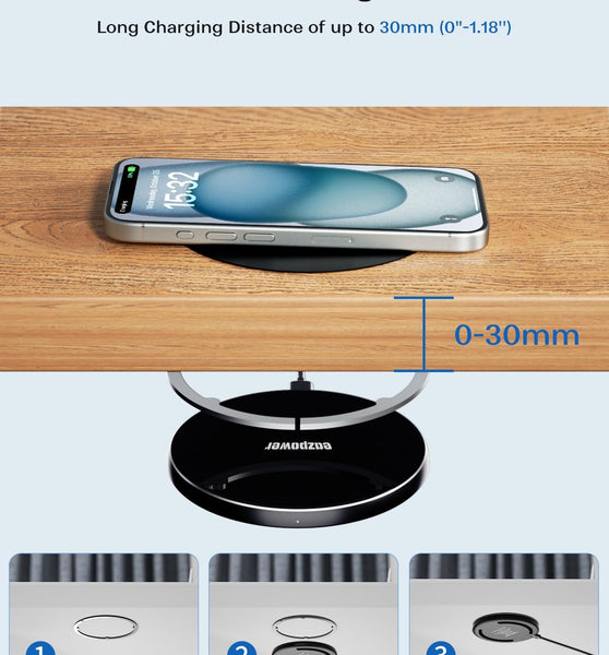 Invisible Wireless Charger, 0-30mm Under Desk Wireless Charger, Dual Uses On or Hidden Under Table Charging Pad for Nightstand for iPhone 16/16 Plus/16 Pro Max/15/14/13/Samsung/Android Phone