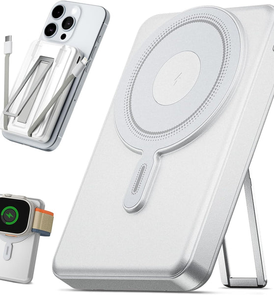 for Magsafe Battery Pack 10000mAh, Magnetic Wireless Portable Charger for Apple Watch, 5 in 1 Fast Charging Power Bank with Stand and Cables for iPhone 16 Pro Max/15/14/13/12 Mini(White)