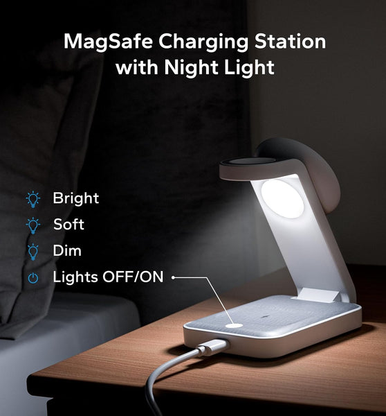 3 in 1 Foldable Wireless Charging Station for MagSafe, Travel Magnetic Charger Stand for iPhone 16 15 14 13 Pro Max, Nightstand Charging Dock with Night Light for Apple Watch/AirPods (White)