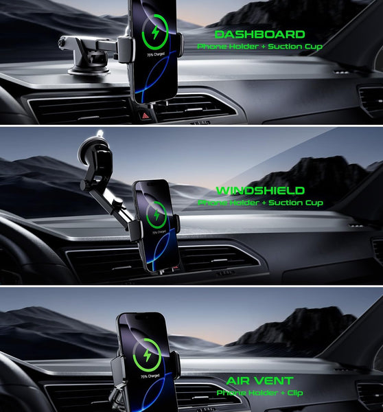 Car Phone Holder Charger, Qi 15W Fast Charging Wireless Car Charger Mount, Auto Clamping Dashboard Air Vent Windshield Accessories for iPhone 16 Pro Max/15/14/13, Samsung Galaxy S24 Ultra/S23