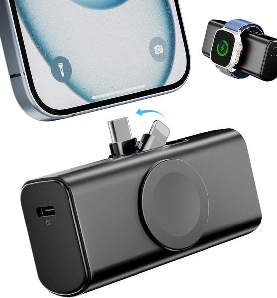 Mini Portable Charger 5000mAh, Magnetic Small Power Bank for Apple Watch, Fast Charging Battery Pack with Built in Foldable USB Connectors for iPhone 16 Pro Max/1514/13 Mini/AirPods(Black)