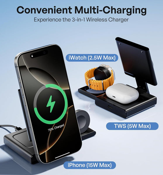 3 in 1 Travel Foldable Wireless Charging Station for MagSafe, Nightstand Magnetic Charger Stand for iPhone 16 15 14 13 12 Pro Max, Fast Charging Dock for Apple Watch/AirPods with 20W Adapter