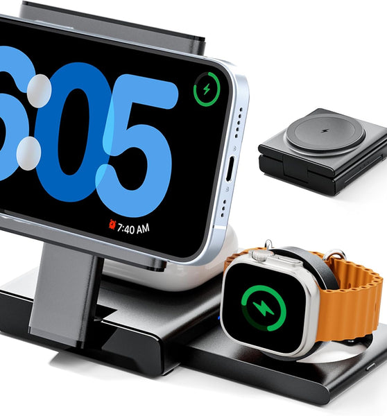 3 in 1 Travel Foldable Wireless Charging Station for MagSafe, Nightstand Magnetic Charger Stand for iPhone 16 15 14 13 12 Pro Max, Fast Charging Dock for Apple Watch/AirPods with 20W Adapter