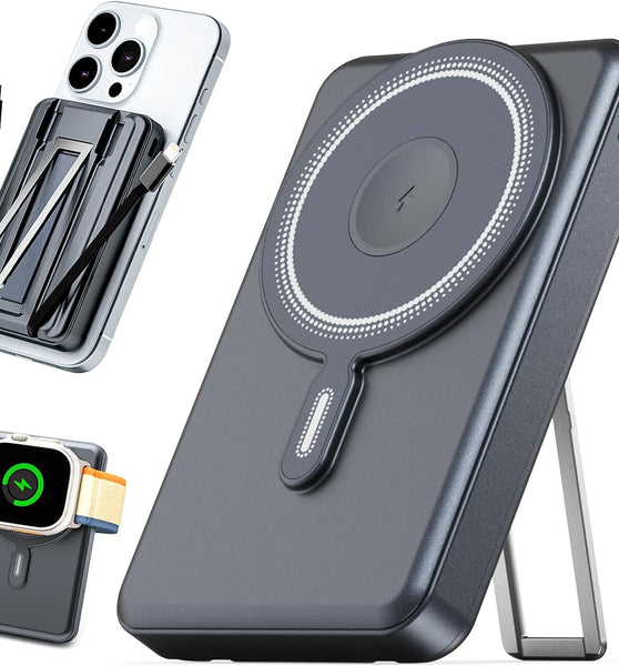 for Magsafe Portable Charger 10000mAh, Wireless Magnetic Power Bank for Apple Watch, 5 in 1 Fast Charging External Battery Pack with Cable and Stand for iPhone 16 Pro Max/15/14/13 Mini(Black)