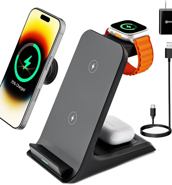 Wireless Charger for Thick Cases of 10MM/Otterbox/Popsocket Compatible, 3 in 1 Charging Dock for iPhone 16 15 14 13 12 Pro Max, Charging Station for Multiple Devices for Apple Watch/AirPods