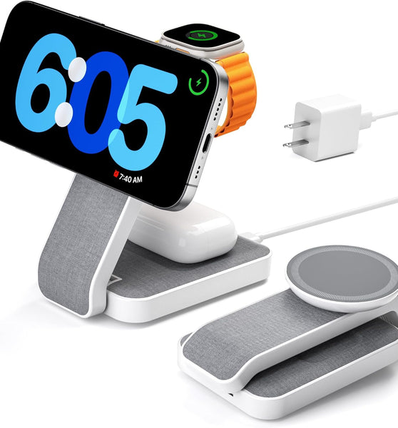 3 in 1 Foldable Wireless Charging Station for MagSafe, Travel Magnetic Charger Stand for iPhone 16 15 14 13 Pro Max, Nightstand Charging Dock with Night Light for Apple Watch/AirPods (White)